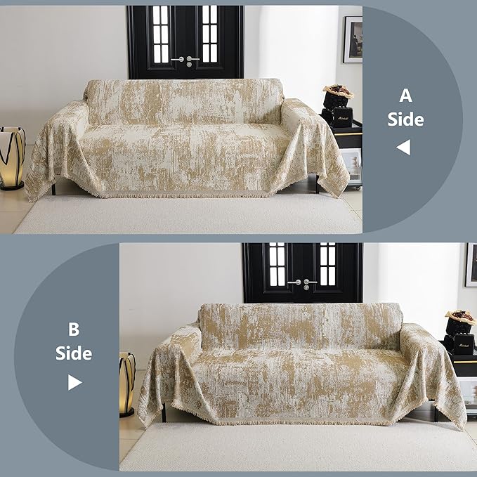 MYSKY HOME Sectional Couch Cover Khaki Geometric Abstract Sofa Covers for Sectional Sofa L Shape Chenille Couch Protector for Dogs Pets Couch Throw Cover Washable Durable for Home Decor, 91" X134"