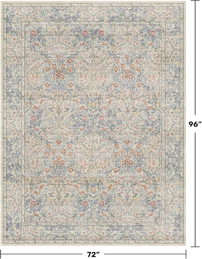 Hazo Haus Boho Beige Blue Living Room Rug 6x8 - Vintage Retro Floral Paste Neutral, Washable Low Pile Non-Slip Large Area Rugs for Dining Under Table, Bedroom