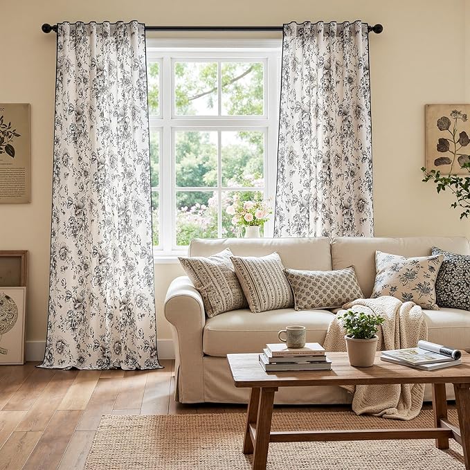 jinchan Linen Blend Floral Curtains French Country Curtain for Living Room 96 Inch Length Black Printed Curtain Rod Pocket Back Tab Farmhouse Peony Flower Patterned Drapes Window Curtains Set 2 Panels