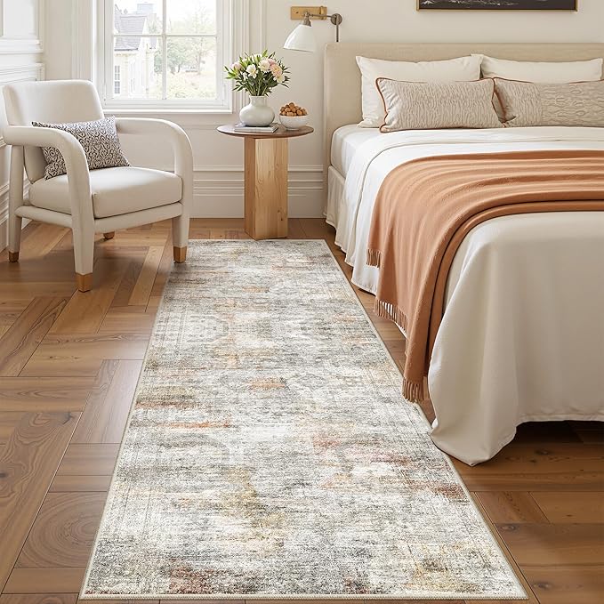 Kitchen Runner Rug Non Slip - 2.5 x 8 Runners for Hallways, Entryway, Bedroom, Washable Runner Rugs for Bathroom, Laundry Room, Low Pile Soft Vintage Area Rug(2.5'x8', Grey/Rust)