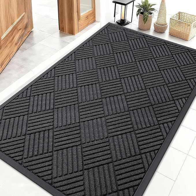 OLANLY Front Door Mat Outside Entrance 47x32, Absorbent, Heavy Duty Sturdy Natural Rubber Doormat Indoor Outdoor, Stain and Fade Resistant, Non-Slip Low Profile Floor Mat for Entryway, Black Diamond