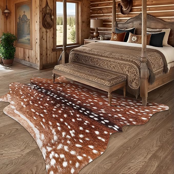 AROGAN Premium Deer Print Rug 6.2x7 Feet, Machine Washable Faux Fur Rug, Non-Slip Animal Print Hide Deer Skin Area Rug for Bedroom Living Room Home Decor