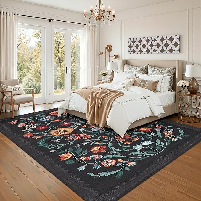 GarveeHome Washable Rug 4x6 Area Rugs for Living Room, Floral Rug for Bedroom, Soft Boho Non Slip Throw Rugs with Rubber Back, Low Pile Stain Resistant Vintage Floral Carpet for Dining Room, Black