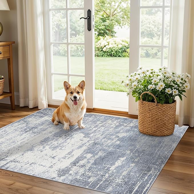 Washable 3x4 Kitchen Area Rugs: Abstract Stain-Resistant Sink Rug Non-Slip Durable Doormat Soft Bedroom Nursery Besides Carpets Indoor Water-Resistant Bathroom Floor Mat for Family(3x4,Blue/Ivory)