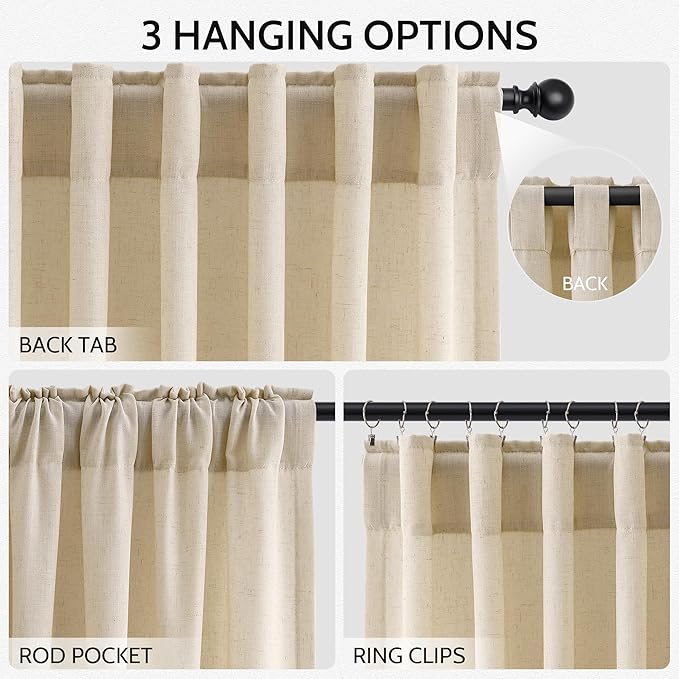 Extra Long Curtains 102 Inches Long for Living Room Tan Back Tab Rod Pocket Light Filtering Semi Sheer Drapes Cotton Linen Textured Window Curtain for Bedroom 9 FT,2 Panels