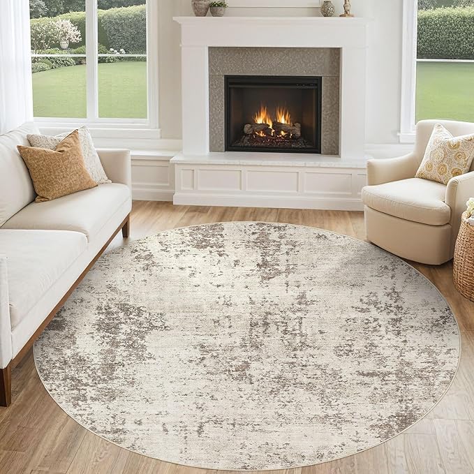 UERMEI 6ft Round Area Rug Living Room Rugs - 6x6 Washable Neutral Modern Abstract Soft Thin Rug Indoor Floor No Slip Rug Carpet for Bedroom Under Dining Table Home Office Decor - Dark Brown