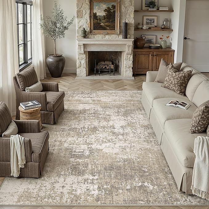 Beige Area Rug 8x10 Machine Washable Modern Abstract Living Room Carpet Non Slip Neutral Low Pile Soft Non Shedding Bedroom Contemporary Large Rug Indoor Office Dining Room Playroom