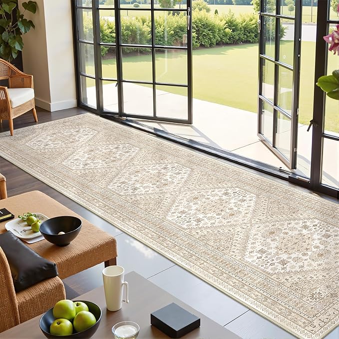 Carpet Runners for Hallway 12ft, Non-Slip Long Bathroom Rugs Runner for Kitchen, Living Room, Soft Vintage Washable Rug for Entryway, Thin Floor Mat for Dining Room(Cream/Beige,2.5'x12')