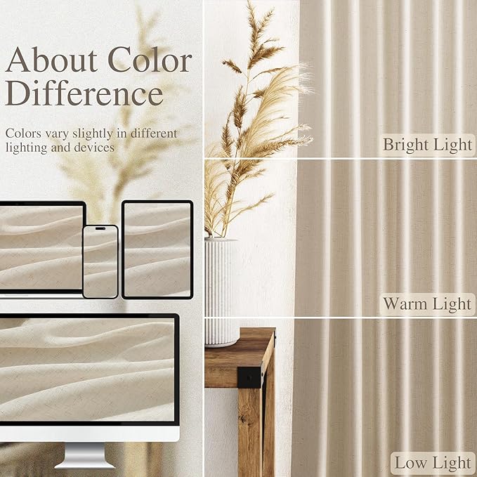 Nanspring 102 Inch Long Curtains for Living Room Birch Beige Linen Light Filtering Semi Sheer Curtain Back Tab Modern Farmhouse Decor Floor to Ceiling Coastal Drapes for Bedroom 52x102, 2 Panels