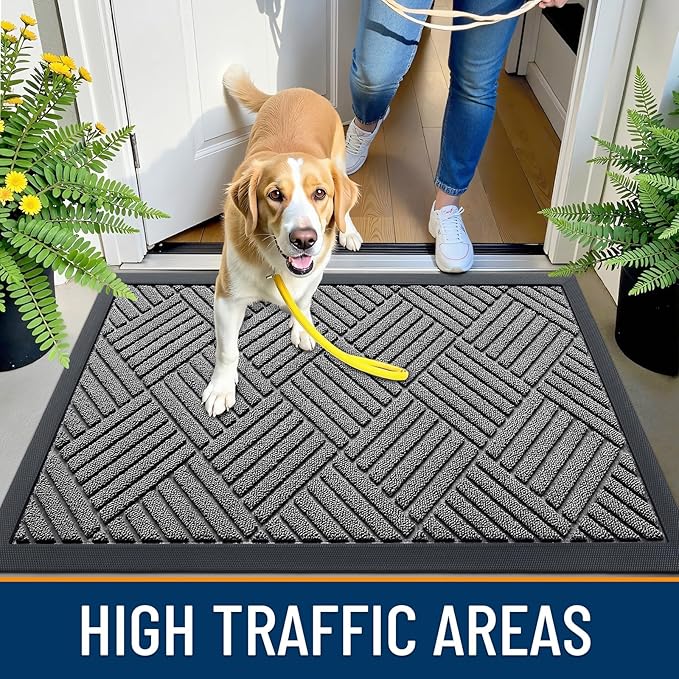 OLANLY Front Door Mat Outside Entrance 47x32, Absorbent, Heavy Duty Sturdy Natural Rubber Doormat Indoor Outdoor, Stain and Fade Resistant, Non-Slip Low Profile Floor Mat for Entryway, Grey Diamond