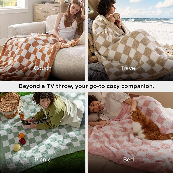 Bedsure GentleSoft Cozy Soft Throw Blanket for Couch, Beige Checkered Fluffy Blanket, Lightweight Warm Knit All Season Throw Blankets for Bed Sofa, Birthday, for Women, 50x60 Inches