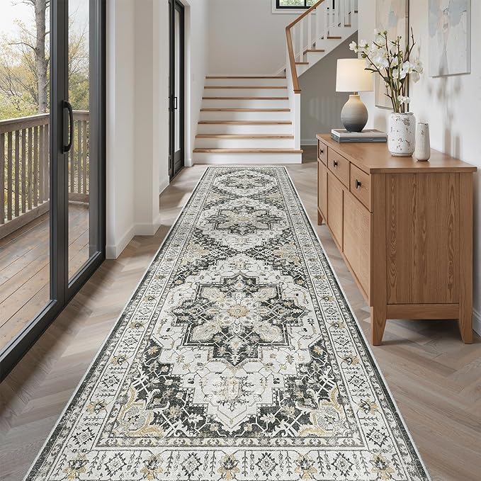 Madane Hallway Rug 3x10, Kitchen Rugs Washable Entryway Rug Vintage Kitchen Runners Non Slip Indoor Area Rug Farmhouse Carpet Runner for Bathroom Living Room Bedroom, Black