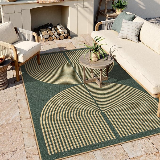 Lahome Enfys Modern Rainbow Easy Jute Indoor Outdoor Rugs, 5x7 Dark Green Rug for Living Room Office, Farmhouse Non Slip Non Shedding Floor Carpet for Dining Room Deck Sunroom