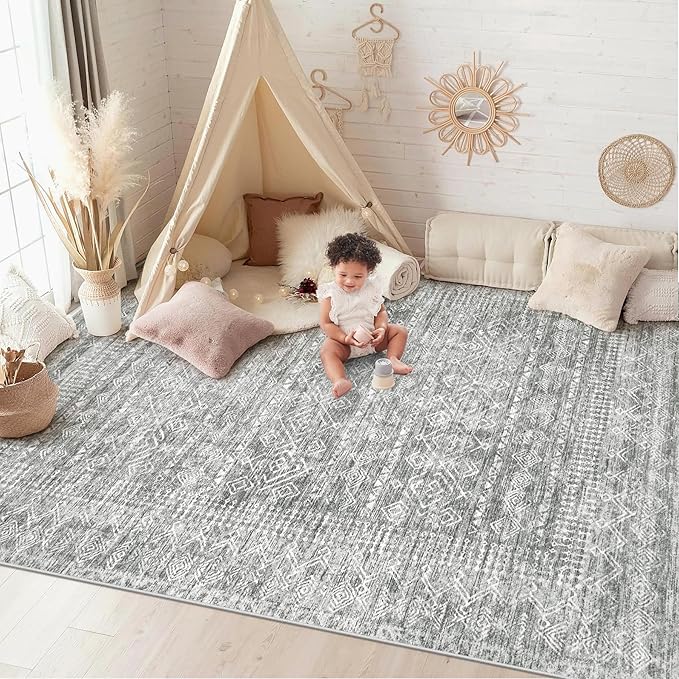 Washable Area Rug 5x7: Moroccan Rug for Living Room Geometric Boho Rug Farmhouse Non Slip Stain Resistant Rugs Low Pile Soft Carpet for Bedroom Dining Room Home Office Children Room (Grey,5'x7')