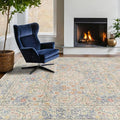Hazo Haus Boho Beige Blue Living Room Rug 6x8 - Vintage Retro Floral Paste Neutral, Washable Low Pile Non-Slip Large Area Rugs for Dining Under Table, Bedroom