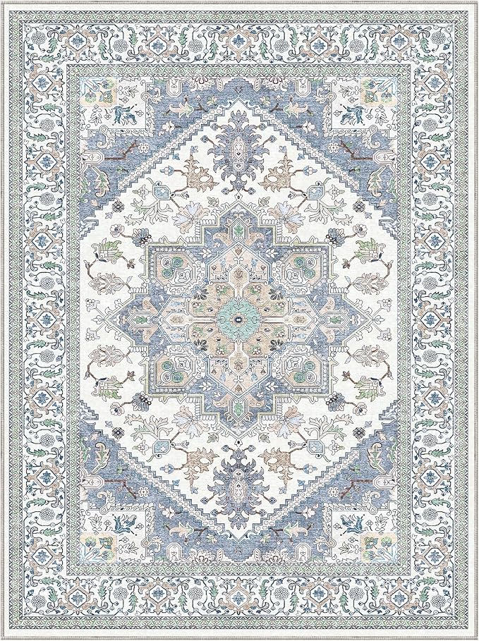 OPPODREAM Soft Area Rugs 9x12 Living Room, Washable Rugs 9x12 with Non Slip Backing, Faux Cashmere Low-Pile 9 x 12 Carpet, Purple & Green & Cream
