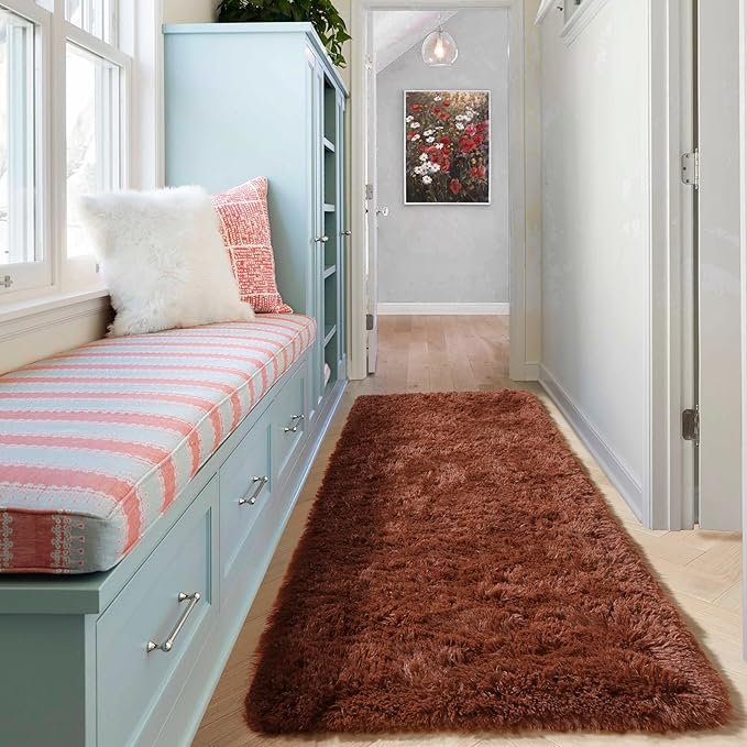 ONASAR Brown Runner Rugs for Bedroom Living Room, Fluffy 2x6 Bedside Hallway Area Rug, Ultra Soft Plush Furry Faux Fur Non Slip Floor Carpet for Nursery Kids Dorm Closet Home Decor