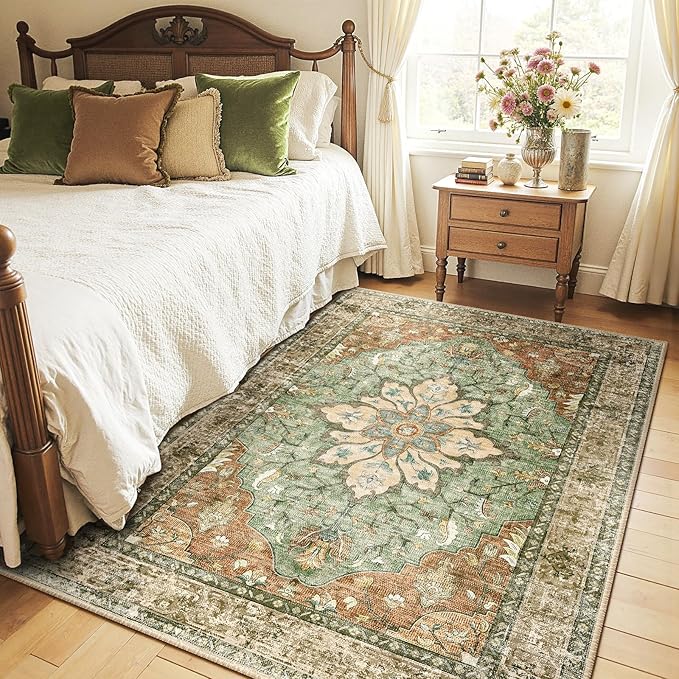 Area Rugs 4'x5' Washable Non-Slip, Floral Vintage Distress Print Pattern Medallion Carpet for Living Room Bedroom Dining Room, Brick Red Rust Neutral Brown Burnt Orange Green