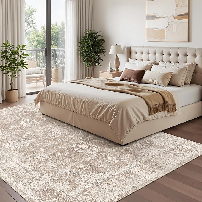 Madane Washable 6x9 Area Rugs for Living Room, Vintage Natural Rug with Non-Slip Backing, Soft Stain Resistant Throw Rugs Thin Carpet for Bedroom Dining Room Farmhouse (6 x 9, Brown/Sand)