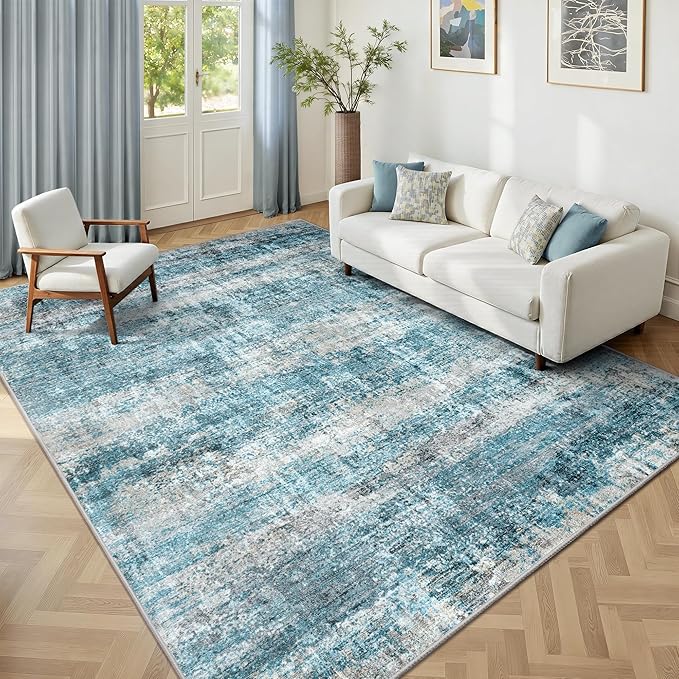 LEPEII 5x7 Area Rugs, Abstract Rugs for Living Room, Indoor Non-Slip Washable Rug for Bedroom, Dining Room, Low Pile Home Decor Neutral Area Rug-Blue