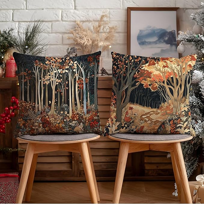 Rustic William Morris Inspired Autumn Forest Decor Throw Pillow Covers 18x18 Set of 2,Vintage Botanical Nature Decorative Throw Pillow Covers for Home Bedroom Living Room