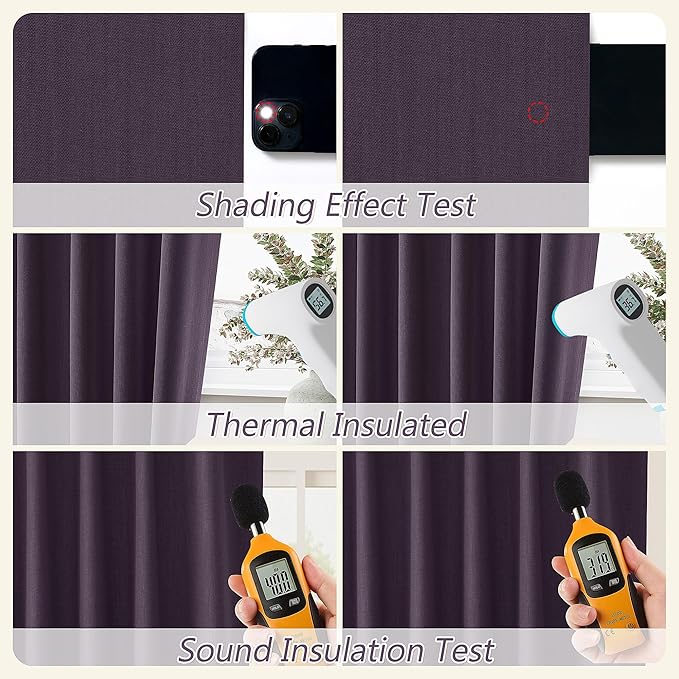 Guken 100% Blackout Curtains 96 Inch Length 2 Panels Set for Living Room Bedroom Back Tab Thermal Insulated Black Out Linen Drapes Room Darkening Window Curtains 96 Inches Long,Plum