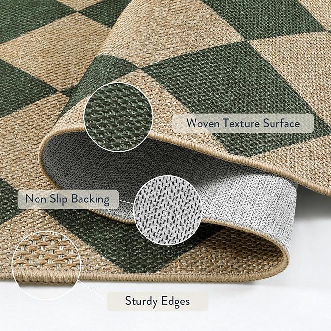 Lahome Colette Checkered Outdoor Rug 5x7, Washable Rug for Living Room Office Indoor Outdoor Carpet, Farmhouse Non Slip Non Shedding Green Carpet for Dining Room Sunroom Patio Courtyard
