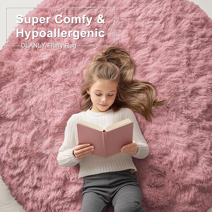 OLANLY Pale Pink Round Rugs for Bedroom - Machine Washable, 7 ft Circle Area Rugs for Living Room, Soft and Fluffy Shaggy Carpet for Teen Girls and Boys, Nursery Rooms, Dorms, Home Decor Aesthetic