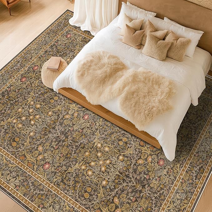 Hazo Haus Washable Living Room Rug 10x12 - Brown Oriental Area Rug for Dining Room Under Table, Low Pile Non-Slip Floor Decor for Bedroom Under Bed - Vintage Earthy Design & Stain Resistance