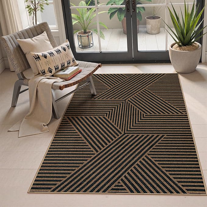 Lahome Enfys Modern Geometric Outdoor Easy Jute Rug, 3x5 Indoor Outdoor Rugs for Living Room Black Entryway Carpet, Farmhouse Washable Non Slip Carpet for Patio Courtyard Bedroom