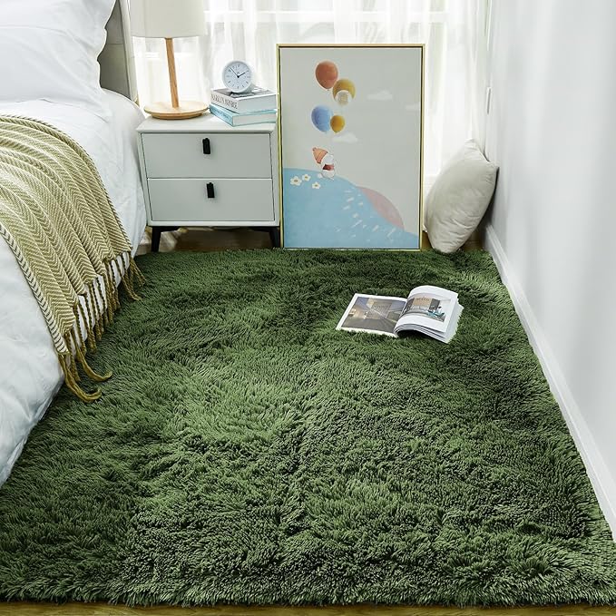 Ophanie Gray Green Grass Area Rugs for Bedroom, 3x5 Shag Fluffy Carpet, Fuzzy Furry Plush Soft Cute Kids Baby Girls Shaggy Bedside Floor Rug for Teen Dorm Nursery Home Decor Aesthetic