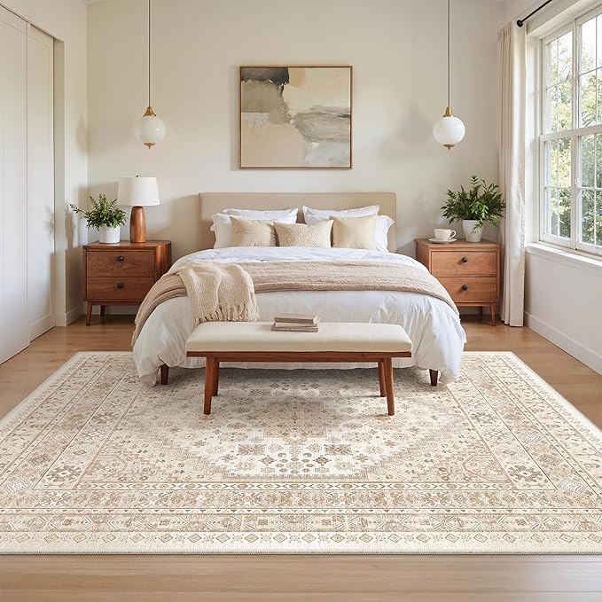 zesthome 5x8 Area Rugs - Ultra-Thin Washble Rug, Stain Resistant Anti Slip Backing Rugs for Living Room,Bedroom, Vintage Home Decor Area Rug(Cream/Beige,5'x8')