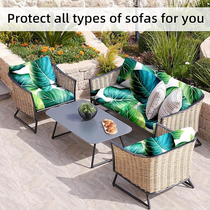 8 Pcs Stretch Patio Cushion Covers,Outdoor Couch Covers Replacement,Outdoor Couch & Sofa Slipcovers,for Patio Furniture Cushion Covers,Washable Reusable Furniture Protector (Green Leaf, Cover Only)
