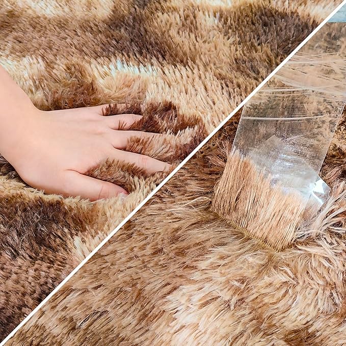 Super Soft Fluffy Living Room Area Rug 3x10 ft Tie-Dyed Brown Shaggy Furry Carpet Washable Non-Slip Floor Rugs Bedroom Bedside Nursery Rug Fuzzy Girls Boy Dorm Home Decor Aesthetic