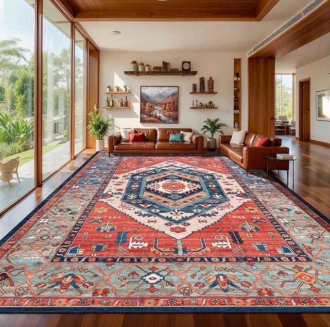 SERISSA 10x14 Area Rugs for Living Room, Large Washable Non-Slip Boho Rug, Ultra Soft Vintage Rust Oriental Tribal Print Distressed Carpet for Dining Room Bedroom Office Home Decor