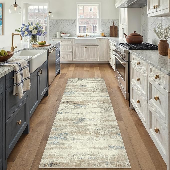 2x6 Runner Rug Washable Beige Brown Abstract Modern Neutral Hallway Carpet Non Slip Low Pile Indoor Kitchen Carpet Contemporary Aesthetic Long Rug Bathroom Bedroom Laundry
