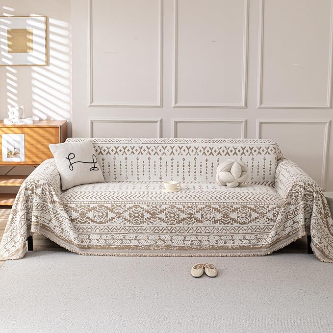 Boho Chenille Couch Cover for Dogs, Non Slip Sofa Cover, Couch Slipcover Covers for 3 Cushion, Furniture Protector with Tassels for Pets Washable, 71"x118", Geometric Khaki