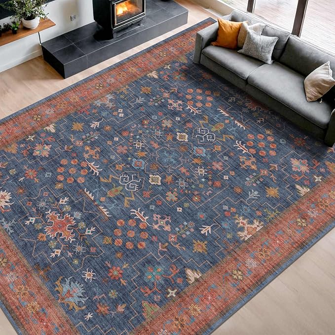 Boho Navy Blue 10x14 Area Rug for Living Room, Extra Large Dining Room Rugs for Under Table, Soft Low Pile Carpet for Bedroom - Vintage Floral Rug, Non-Slip & Stain Resistance (10x14 Navy Blue)