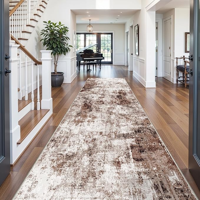 4x12 Runner Rug for Wide Hallway: Long Washable Runners for Entryway Living Room Dining Room - Stain and Water Resistant Rugs with Non-Slip Backing - Soft Low-Pile Carpet Brown Khaki White