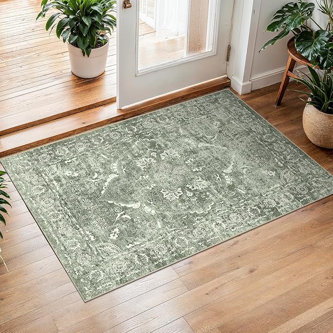 2x3 Entryway Area Rug Washable - Neutral Small Entry Rug Kitchen Rug Runner Vintage Soft Floor Mat Non Slip Indoor Farmhouse Carpet for Bedroom Bathroom Living Room (Muted Sage Green)