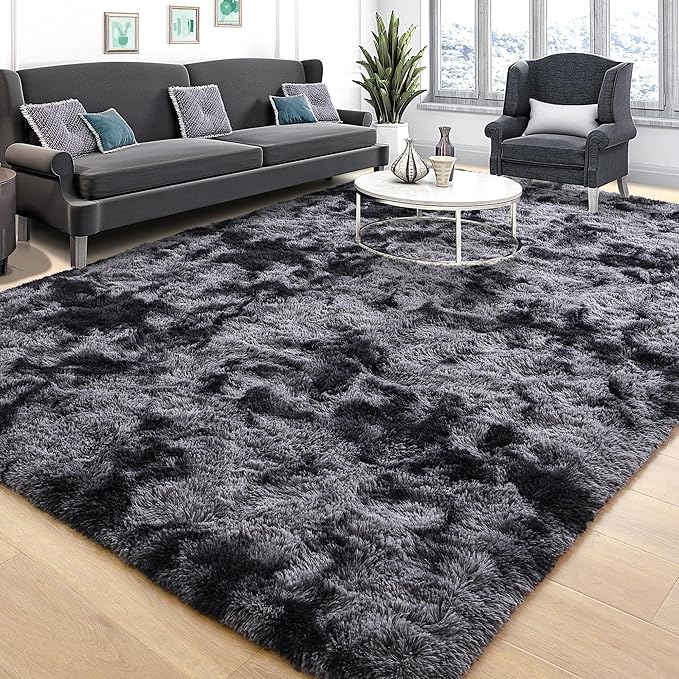 Tepook Area Rugs 10x14 for Living Room, Super Soft Fluffy Rugs for Bedroom, Modern Shaggy Rug Fuzzy Carpets for Kids, Plush Indoor Nursery Home Decor Rug with Non-Slip Bottom, Tie-Dyed Dark Grey