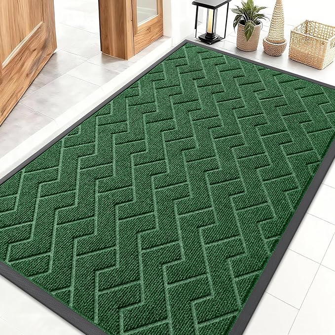 OLANLY Front Door Mat Indoor Outdoor Entrance, Waterproof All-Season, All-Weather Doormat, Sturdy Natural Rubber, Low Profile, Easy Clean Patio Porch Entryway Mat, Herringbone Brick (Green, 47x32)