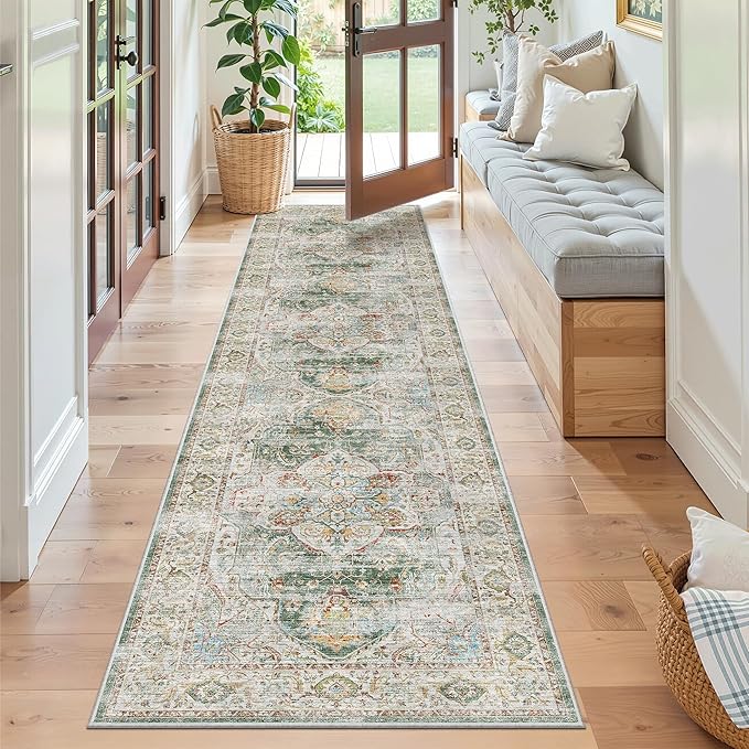Madane Runner Rug 2x8, Washable Hallway Runner Rugs, Non-Slip Low-Pile Soft Kitchen Rug Runner Laundry Room Rug, Vintage Throw Entry Foyer Mat for Entrance Living Room (Green, 2 x 8)