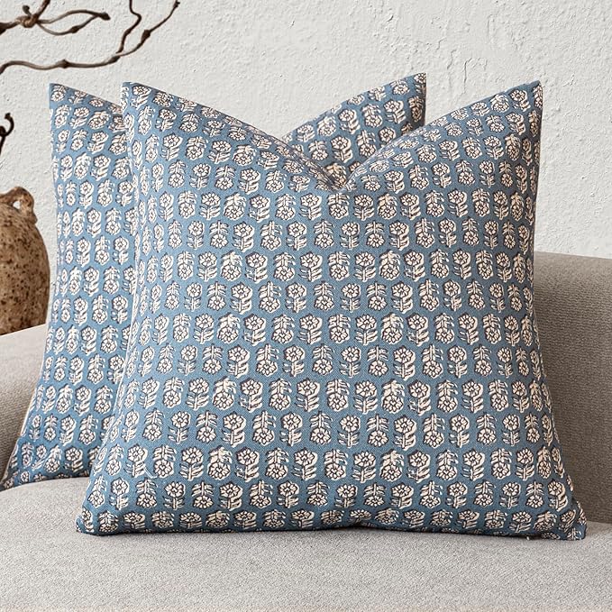 Foindtower Set of 2 Decorative Neutral Floral Print Throw Pillow Covers Vintage Accent Farmhouse Cushion Covers Boho Home Decor for Sofa Chair Couch Bedroom Living Room,18×18 Inch,Dusty Blue