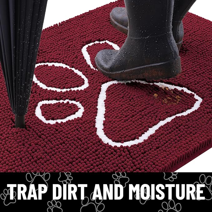 Smiry Dog Door Mat for Muddy Paws, Absorbent Dirt Trapper Non Slip Quick Dry Washable Chenille Mat for Mud Dogs, Entry Rug for Indoor and Outdoor (30x20 Inches, Burgundy and White)