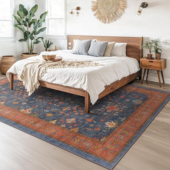 Navy Blue Large Area Rugs 8x12 Living Room, Geometric Floral Rugs for Dining Room Under Table - Washable Low Pile & Soft Carpet for Bedroom - Vintage Boho Stain Resistance Indoor Décor