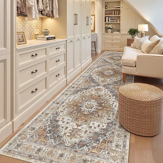 Madane Hallway Rug 3x10, Kitchen Rugs Washable Entryway Rug Vintage Kitchen Runners Non Slip Indoor Area Rug Farmhouse Carpet Runner for Bathroom Living Room Bedroom, Turmeric/Grey