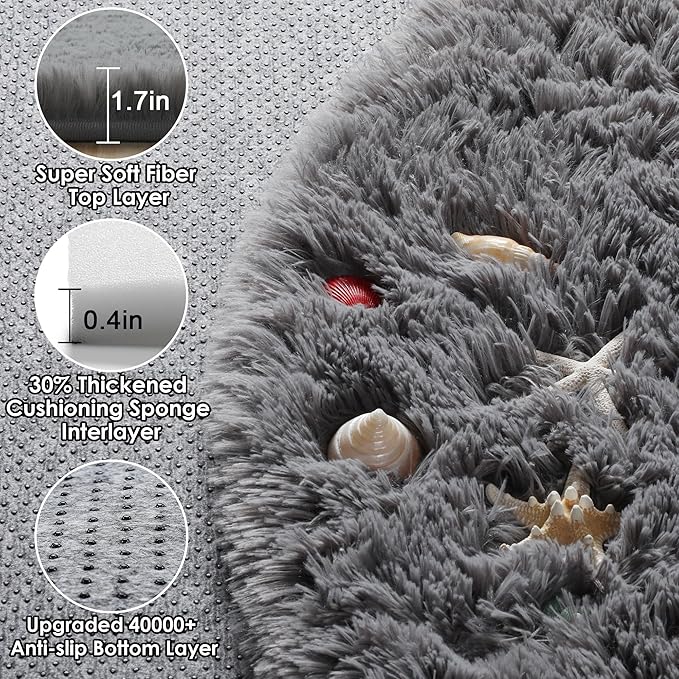 ONASAR Grey Round Area Rugs 5ft, Gray Soft Bedroom Circle Rug Floor Mats for Kids Girls Teen Room, Fluffy Plush Shaggy Carpet for Baby Nursery Living Room Playroom Home Decor Aesthetic