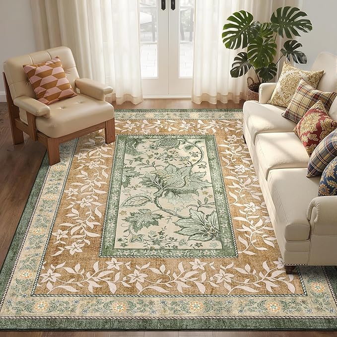 GarveeHome Terracotta Olive Sage Green Washable 5x7 Area Rugs, Botanical Grove Vintage Cottage core Non-Slip Rug for Bedroom Living Room Nursery Kitchen Low-Pile Retro Carpet