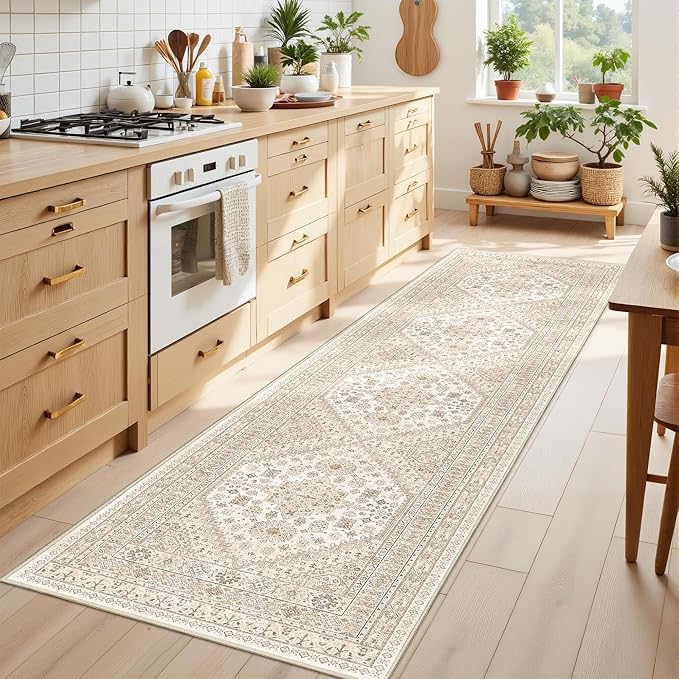 Runner Rug 2x8 Runners for Hallways Non Slip Washable, Vintage Hallway Runner Rugs for Living Room, Low Pile Soft Hallway Rug for Kitchen Bedroom Laundry Room(Cream/Beige,2'x8')